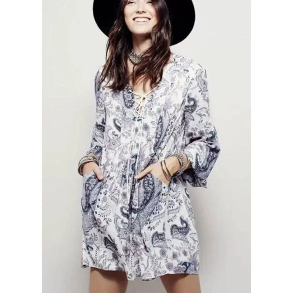 Free People Rain Or Shine Lace up Mini Dress Ivory Comb Small S Boho Pockets